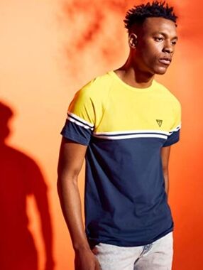 GUESS COLORBLOCK T-SHIRT YELLOW NAVY LOGO CREW NECK TOP